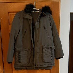 DKNY Olive Puffer Jacket with Black Fur Trim